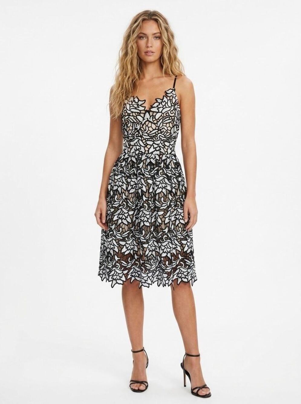 AQUA Dark Romance Coquette Black White Floral Lace Midi Party Dress Small